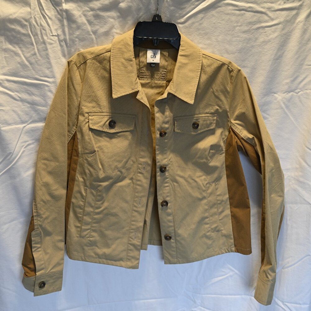 CAbi women's short jacket, tan and brown, size M medium